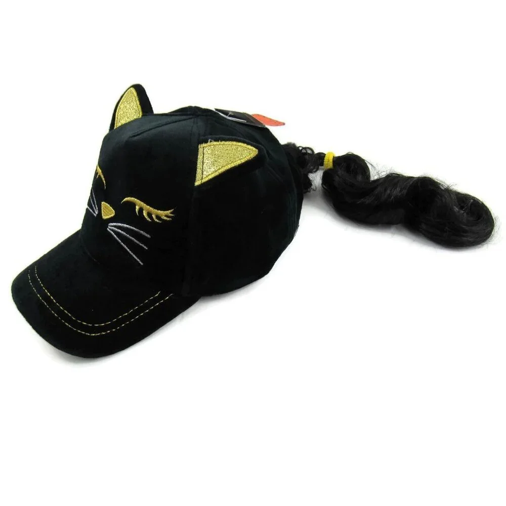 Baseball Hat with Brunette Faux Hair Black & Gold Cat Girls Cap One Size New